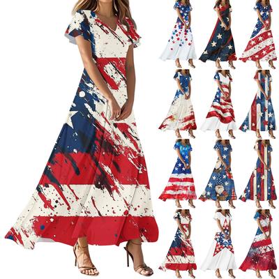 Women's Independence Day Printed Casual Fashion Dresses V-Neck Short Sleeve Dresses