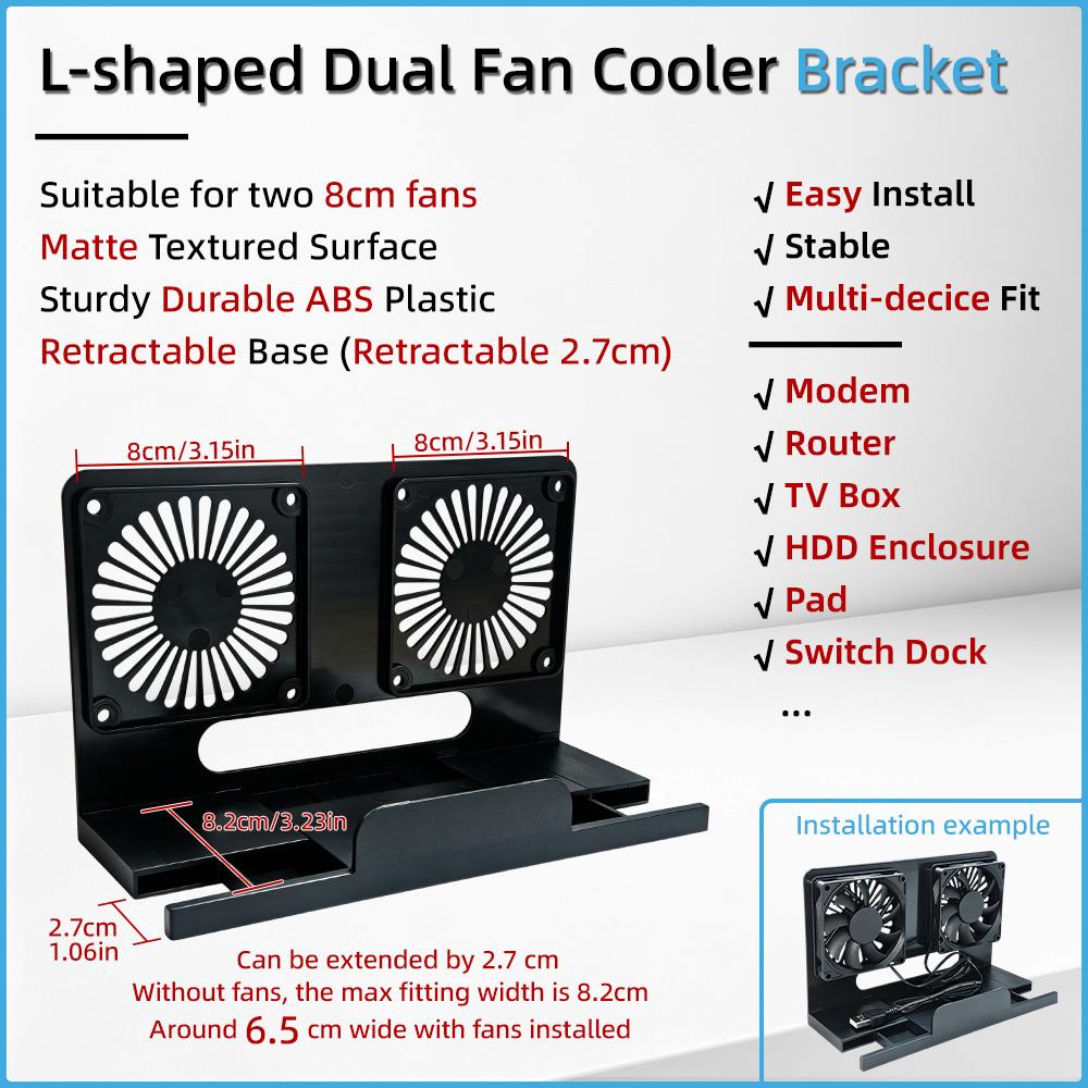 L-Shaped Dual 8cm Fan Cooler Bracket ABS Fan Stand Max 8.2cm Width Fit Retractable Base For Modem Router TV Box Switch Dock Pad