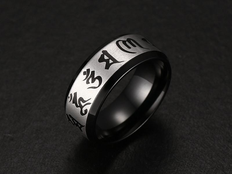Meaeguet Traditional Om Mani Padme Hum Men Ring Black Color Wedding Rings For Men Jewelry Stainless Steel Ring
