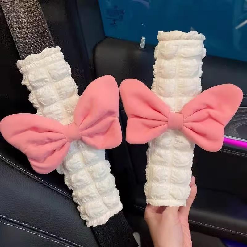 Cute Pink Bow Puff Plush Car Seat Belt Cover Soft Seatbelt Shoulder Pad Protector Auto Neck Support Cushion For Women Girls