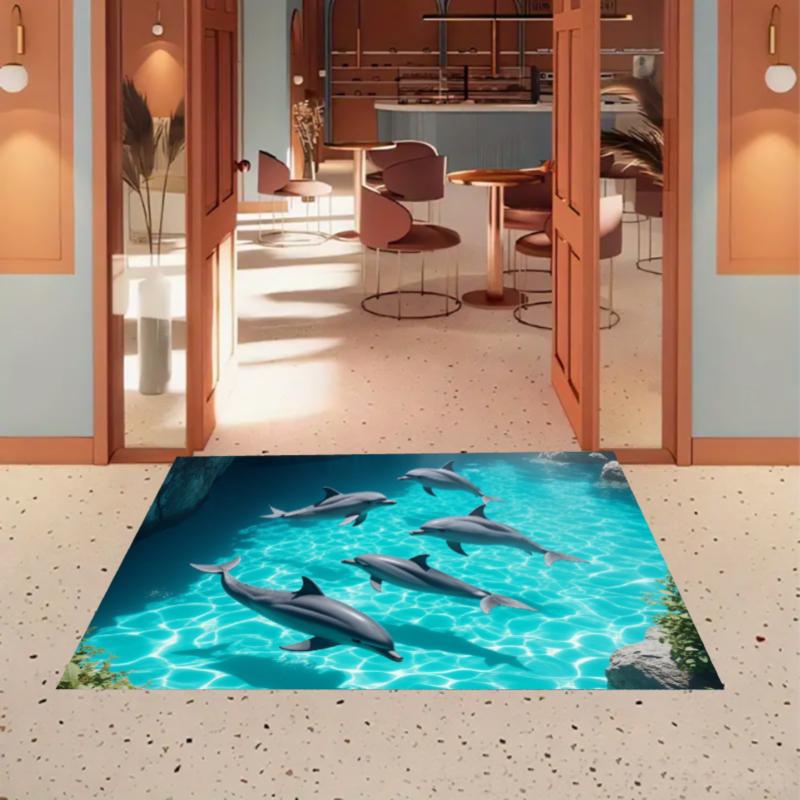 Dolphin Ocean Rug Coastal Entryway Doormat NonSlip Easy Clean Nature Home Decor Carpet for Living Room Bedroom Pet Friendly