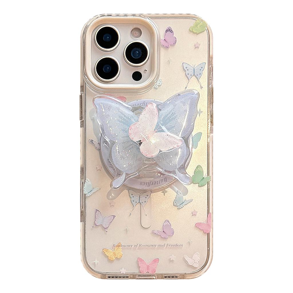 Fresh Colorful Butterfly 16promax Transparent IPhone 15 Mobile Phone Case Suitable for 13 Rotating Magnetic Bracket