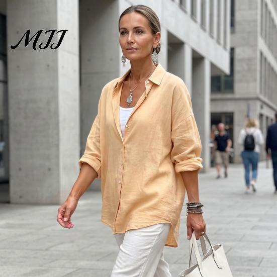 Solid Color Blouses Women Casual Button Front Shirt, Long Sleeve Turndown Collar Blouse, Work Shirts Drop Shoulder Fall Top for Daily Wear