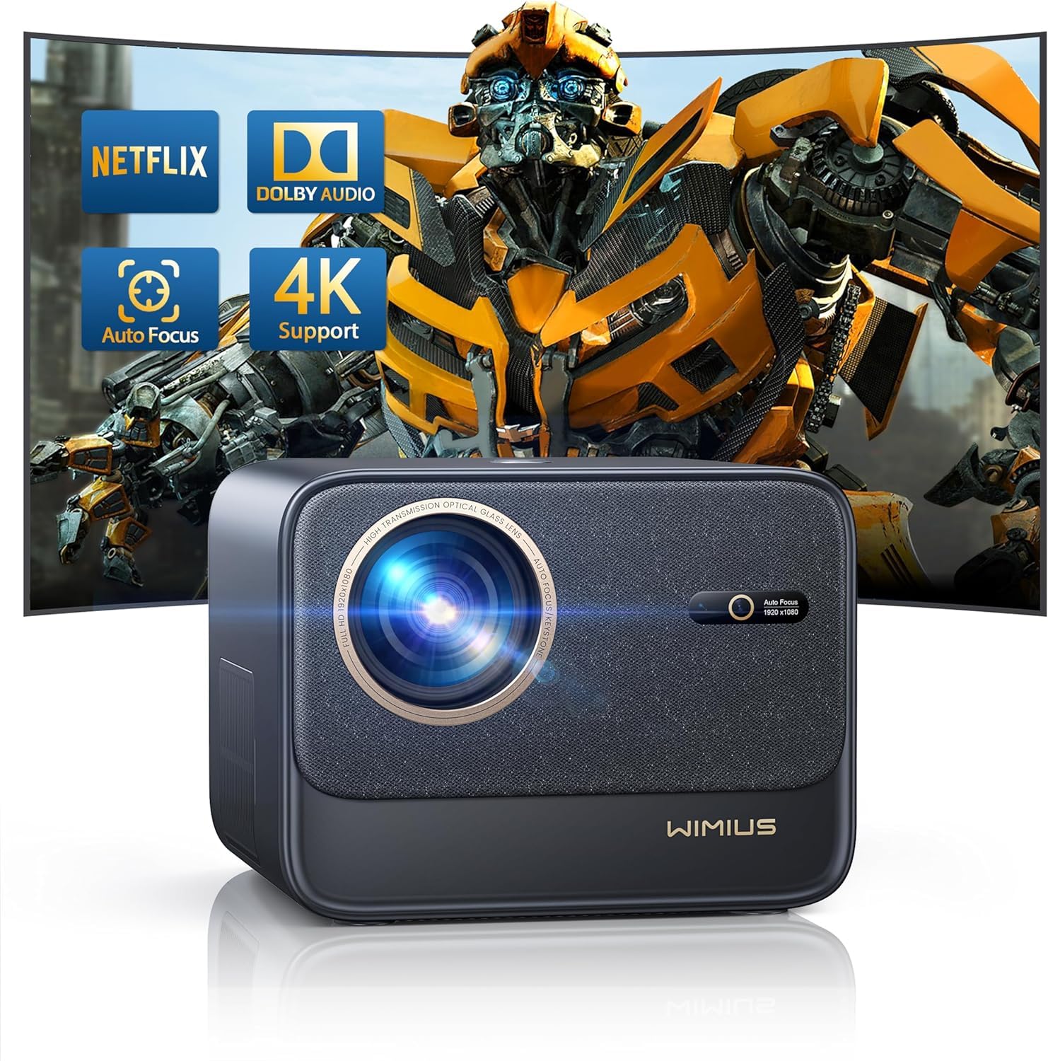 

Pro Version Netflix Official Completely Sealed and WiMiUS Projector 4K High Brightness 30000lm Android TV Dolby Sound 5G WiFi Bluetooth Keystone чорний