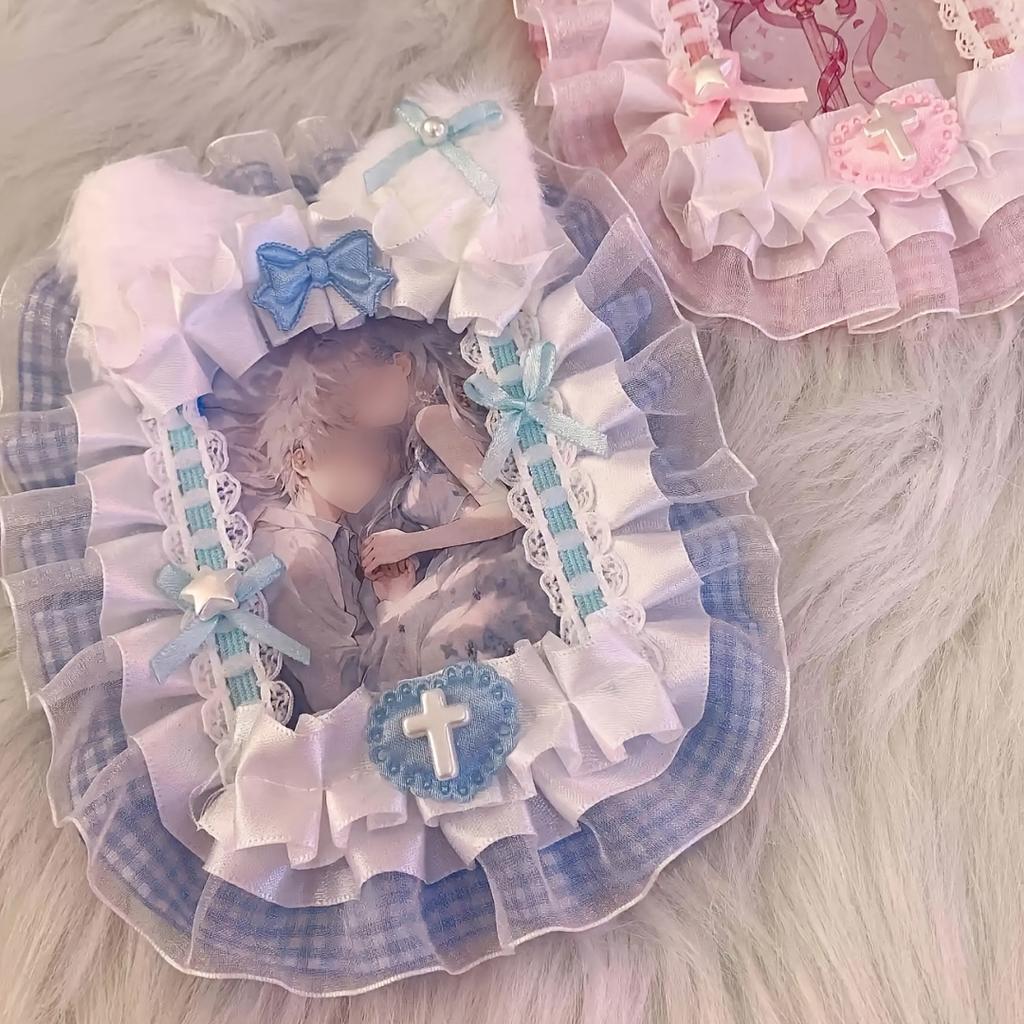 Charming Handmade Plush Rabbit Ears & Pink Lace Photo Card Holder - Canvas, Perfect for Daily Office Use