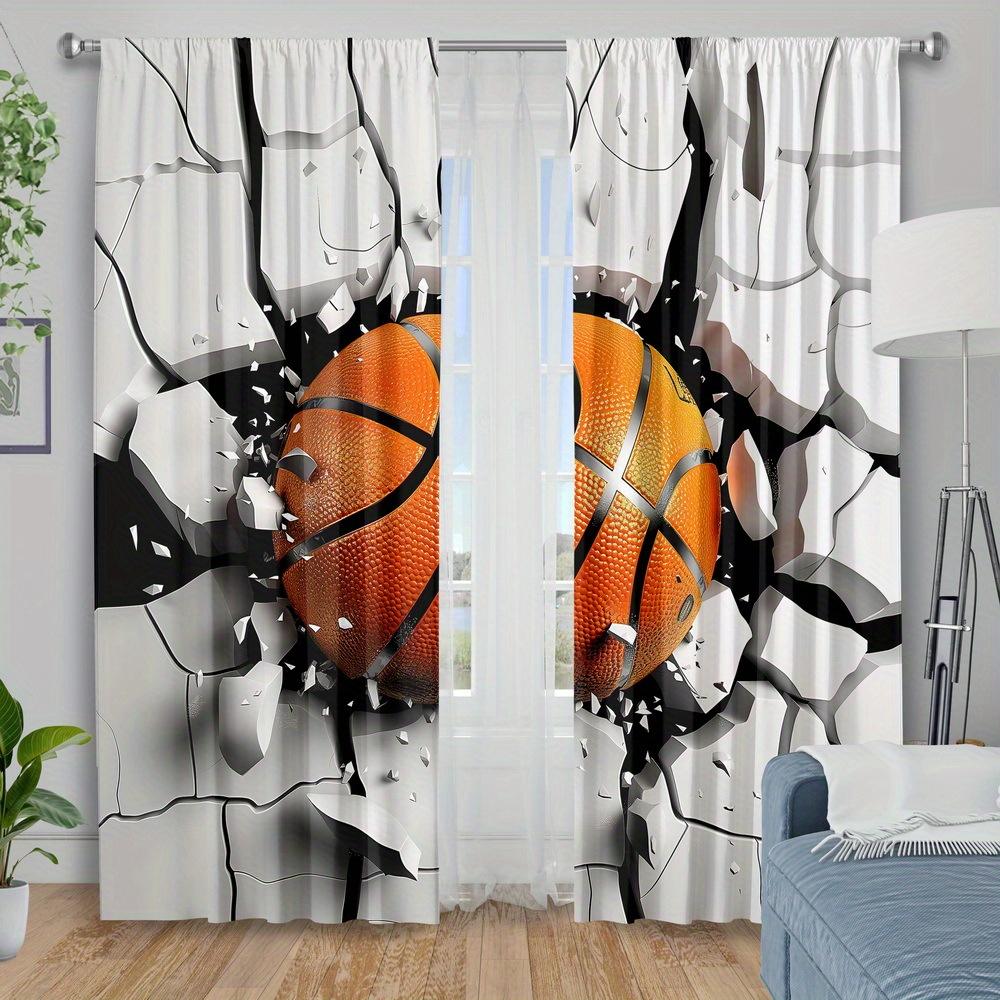 2pc Basketball Art Print Pattern Curtains   Polyester Fabric   Machine Washable   Suitable for Bedroom and Living Room Decoration