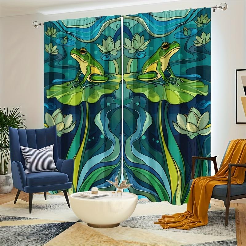 Curtains Are Hand Painted Depicting Frog Sitting Lotus Leaf Tranquil Lake Background Shades Set Of 2 Made Polyester