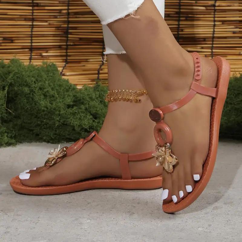 Fashion Women's Flowers Clip-toe Soft Sole Sandals Luxury Rhinestone Anti-slip Flat Sandals Summer Light Comfort Zapatillas De Mujer
