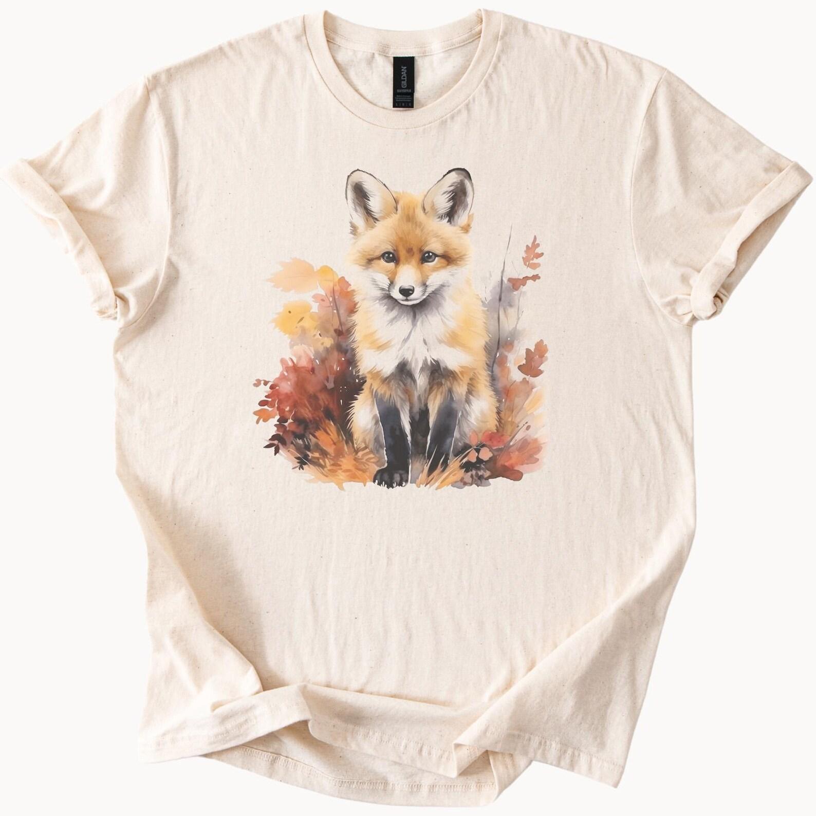 Fox Graphic T Shirt Watercolor Autumn Leaves Animal Art Nature Lover Fall Woodland Wildlife Cute Fox Tee Soft Cream Shirt 110