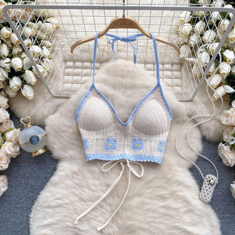 Fresh Crocheted Open Back Sling Bottoming Shirt Halterneck