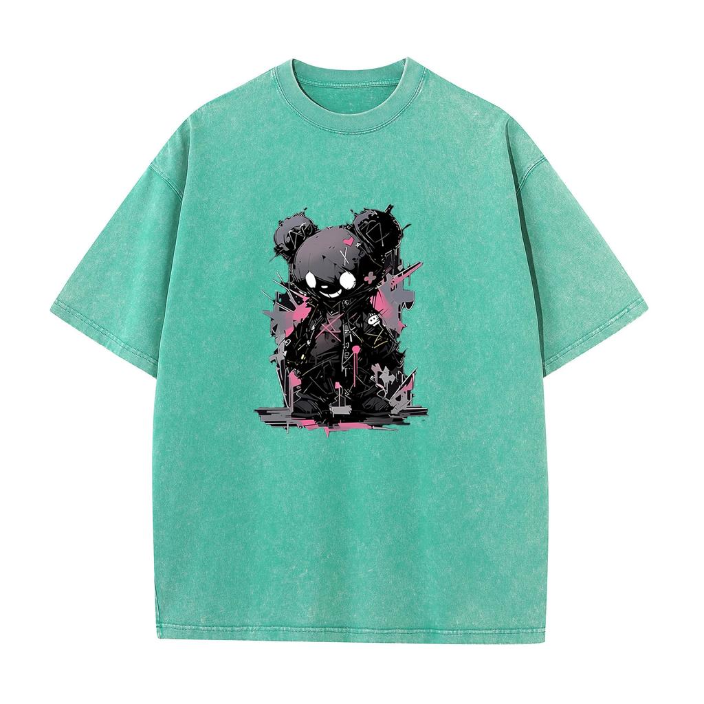 New Vintage WashedCottonTShirt MenWomenGothic Punk BlackBearGraphicTees StreetwearHarajuku Casual OversizedShort SleeveTops