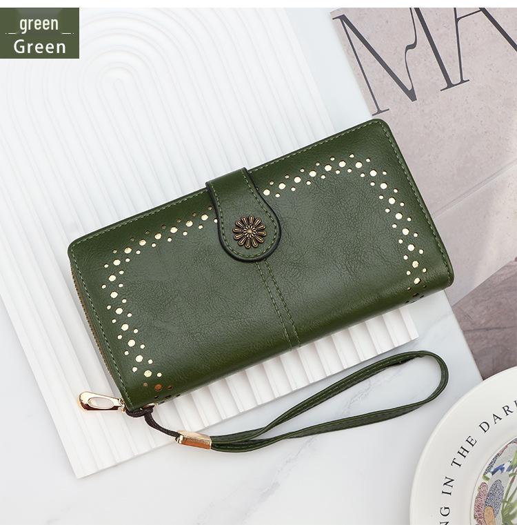 Women's Oil Wax Leather Zipper Wallet with Coin Purse & ID Holder