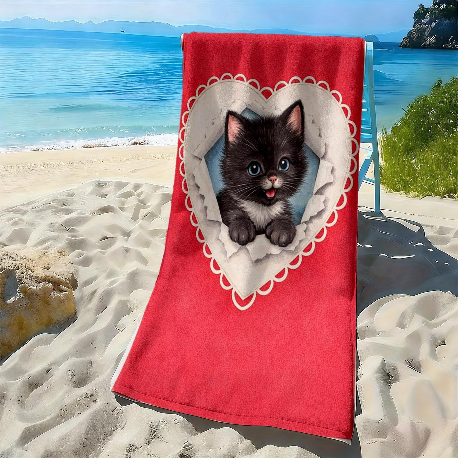 

Cute kitten heart-shaped hollow pattern polyester microfiber beach towel highly absorbent, suitable for swimming beach outings W40*H60(CM)