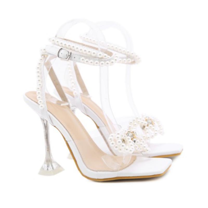 Fashion Designer Pearls Wedding Bride Women Sandals Fashion Summer Square Toe Shoes PVC Transparent Crystal Perspex High Heels