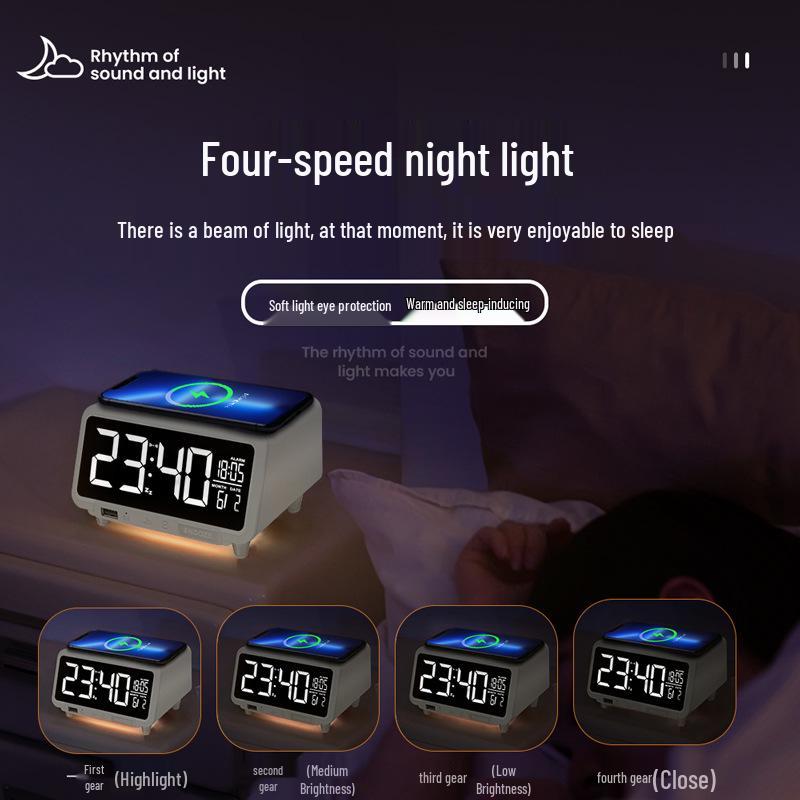 15W Wireless Fast Charging Alarm Clock with LCD Calendar & Desk Lamp