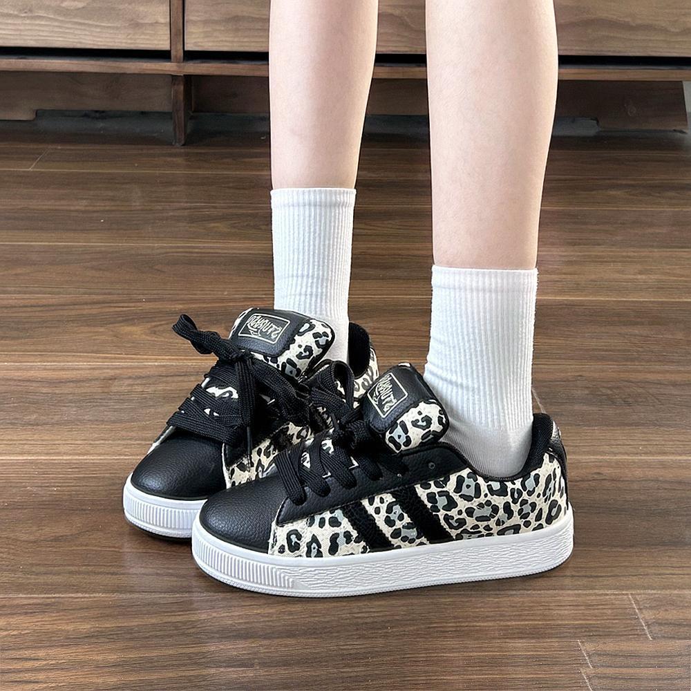 Hong Kong Style Leopard Print Skateboard Bread Shoes Ins Tide Couple Models Versatile Sports and Leisure Board Shoes 2025 New Models