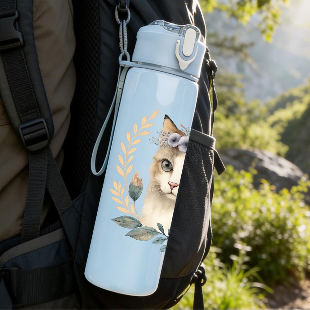 1PC Flower Frame Cat Illustration 750ml Color Plastic Sports Water Bottle Leakproof Flip Straw Lid Suitable for Sports Office Home Use