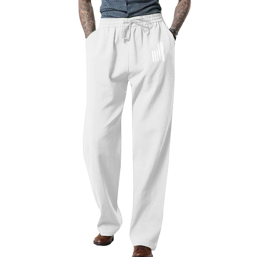 Men's Loose Casual Cotton Linen Trousers Elastic Tie Printed Straight Pants