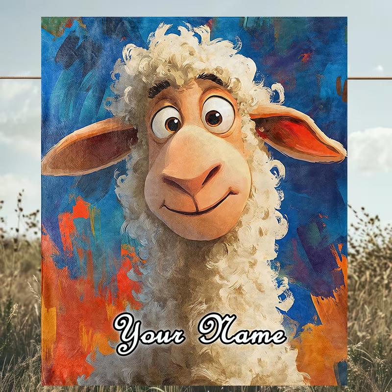 1PC Custom Name "Whimsical Sheep Portrait" outdooor Flannel blankets Patterns Throw Blanket All-Season Soft Gift for Couch, Bed, Camping gifts