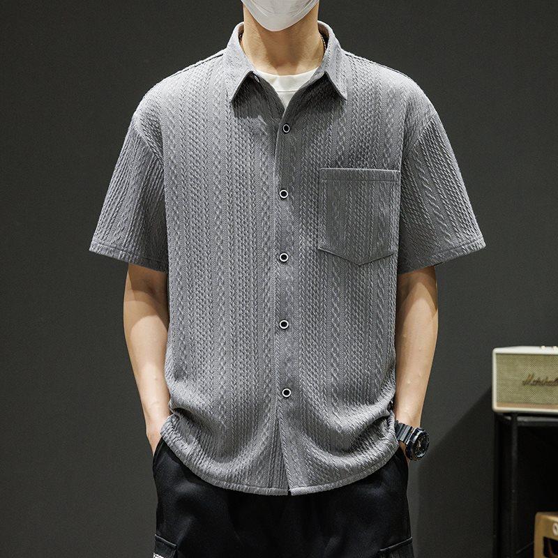 Buttons Pleated Shirt Harajuku Button Up Short Sleeve Male Shirts Men Blouse Tops