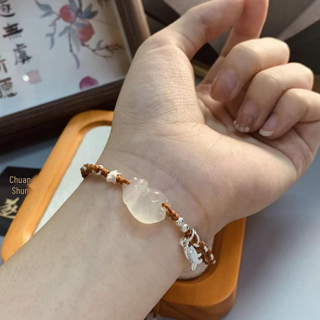 Handmade Cute Kitten White Chalcedony Rope Bracelet: Mori Style & Versatile Design