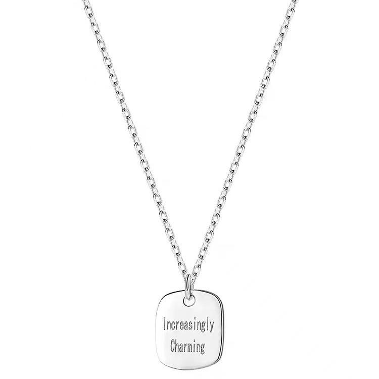 925 Sterling Silver Engraved Square Pendant Necklace for Women - Clavicle Chain, Simple Fashion Design, 2022