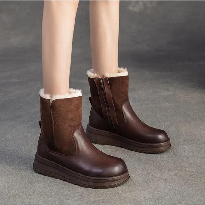 Johnature Retro Wool Warm Short Boots Genuine Leather Round Toe Side Zipper Thick Bottom Women's Shoes