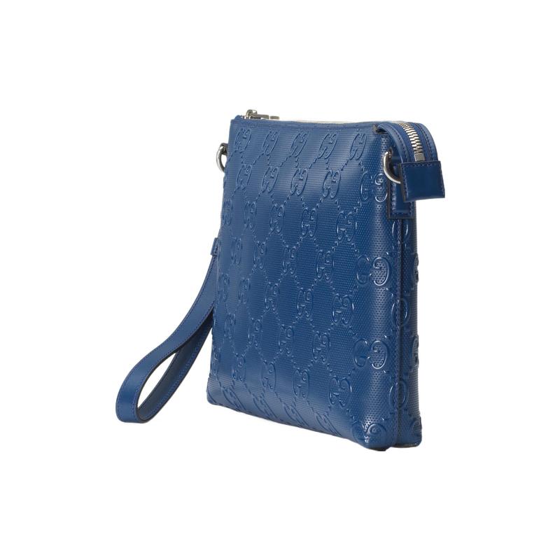 Gucci GG printed embossed zipper closure leather messenger bag clutch medium size men's blue
