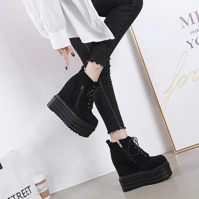 Fashion 14CM Women's Trendy Platform Boots Fashion Side Zipper Buckle Strap Design Height Increasing Stylish Mid Calf Boots Wedge Heel