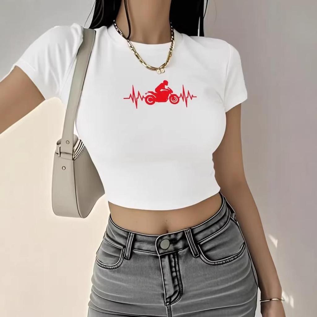 Y2K Vintage Motorcycle Print Crop Top - Slim Fit, Round Neck, Short Sleeve