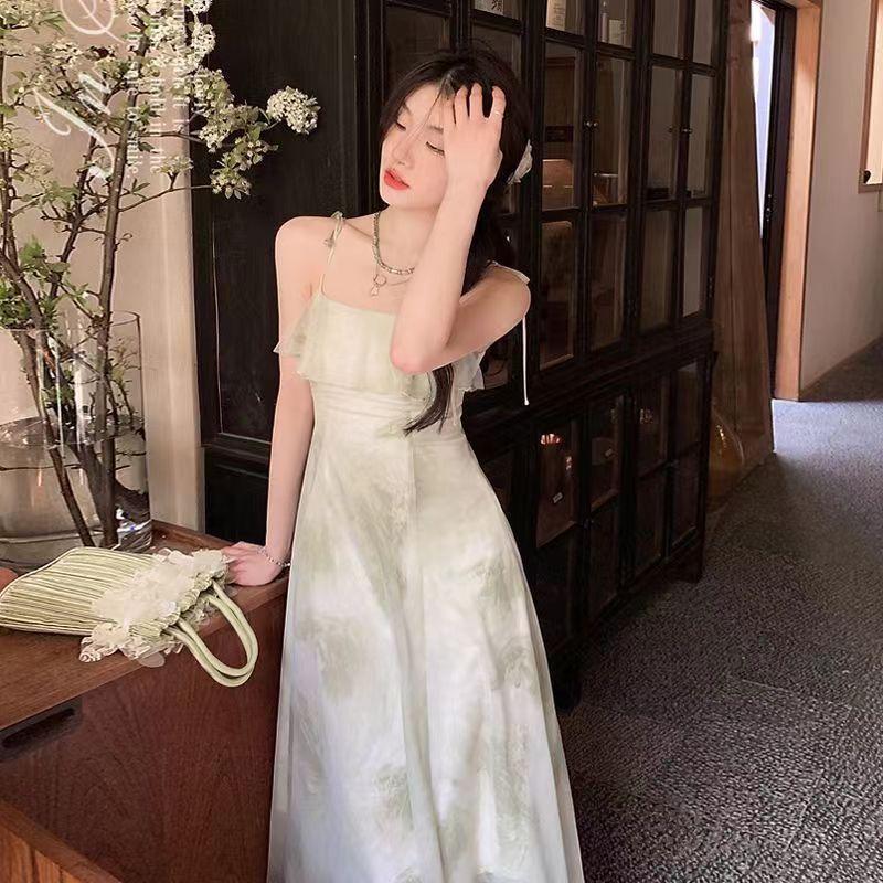 2024 Korean Style Sleeveless Ruffled Print Long Slim Fit Dress