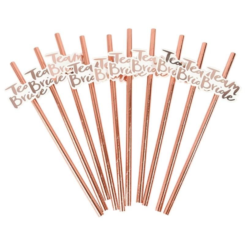 12pcs Rose Golden Paper Straws Team Bride Drinking Straw for Wedding Party Supplies Bridal Baby Shower Birthday Decor