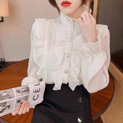 2025 Autumn Women's Lace Ruffle High Neck Long Sleeve Shirt - Court Style Spring Design