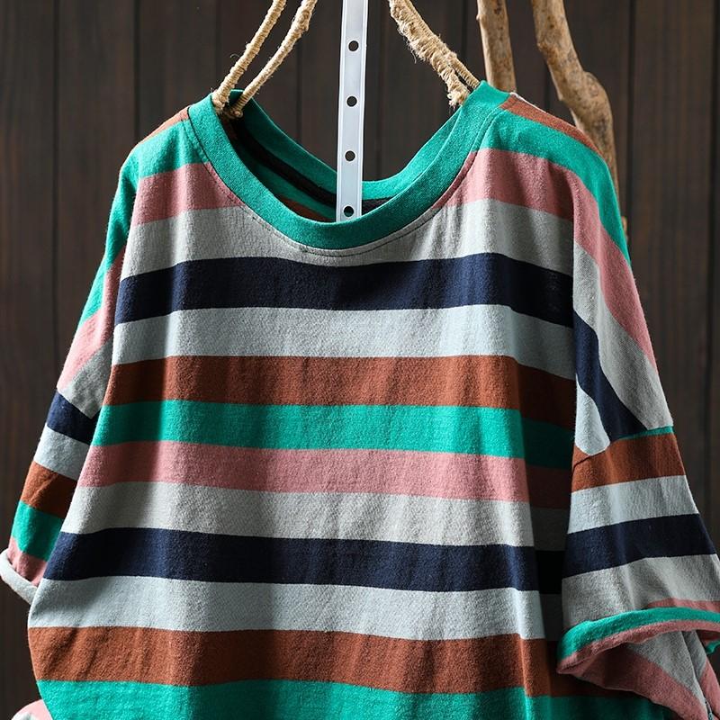Johnature Women Vintage Striped T-Shirts O-Neck Short Sleeve Summer Casual Loose Hole Female T-Shirts