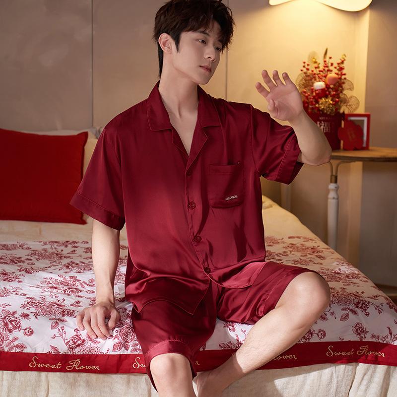 Pajamas Men's Summer Ice Silk Short Sleeve Shorts Silk Loungewear Men's Simulation Silk Thin Cardigan Casual Suit