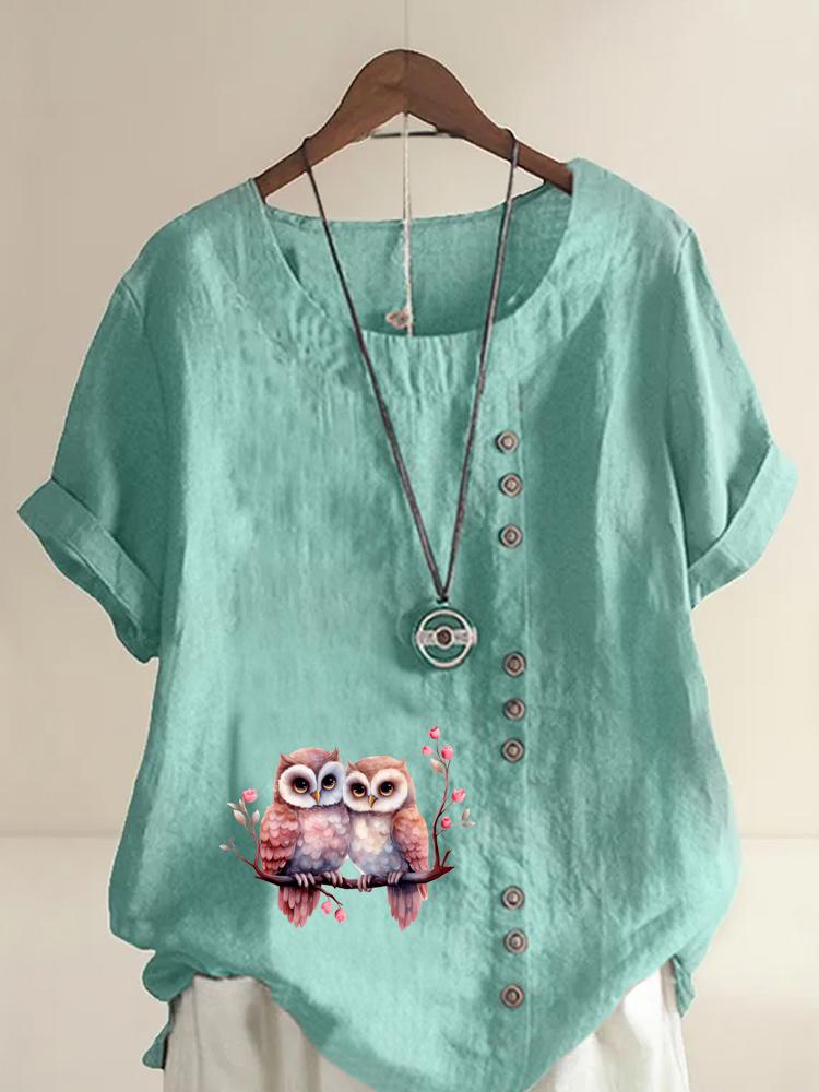 Women's Fashion Couple Owl Print Shot Sleeve T-shirt Loose Cotton Shirt Casual Loose Summer Blouse Tops Plus Size