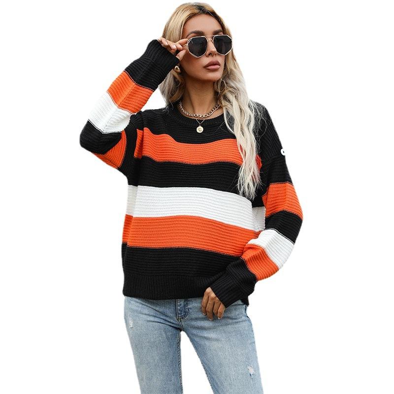 Vintage Fashion Elegant Casual Sweater Dressy Thin Section of Long-sleeved Loose Striped Knit Sweater Women