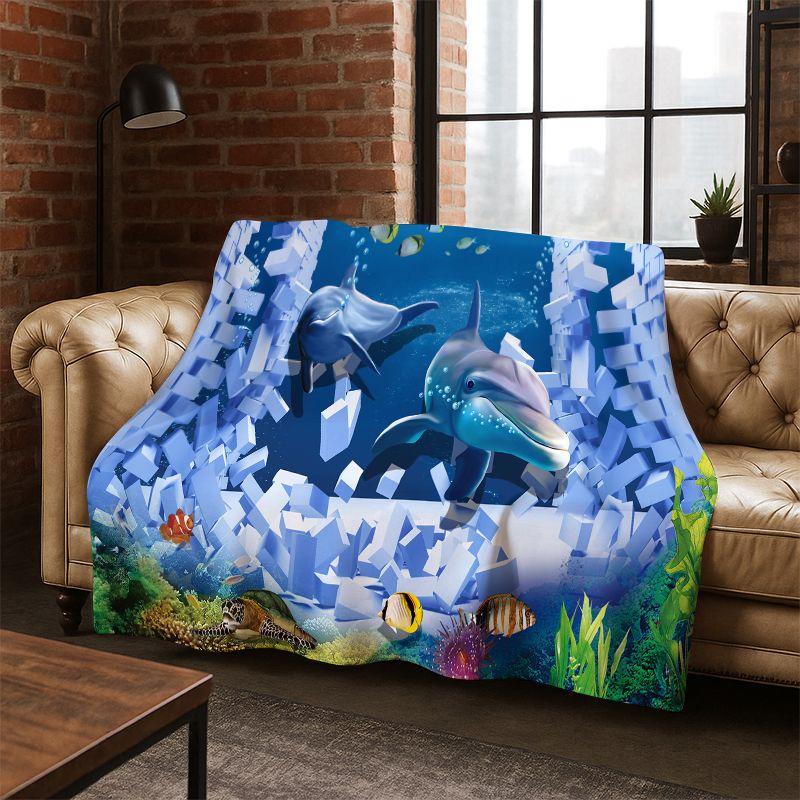 3D Illusion Underwater World Marine Life Shark Dolphin Cartoon Flannel Blanket Throw Blanket for Bedroom Living Room Bed Travel