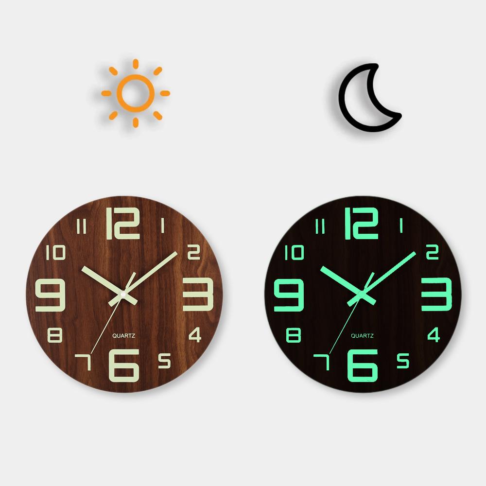 12 Inch Luminous Wall Clock Wood Silent light in dark night Nordic Fashion Wall Clock Non Ticking Clock With Night Light 12 inch