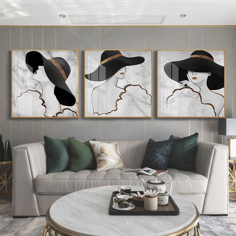 Abstract Lines Marble Pattern Decorative Canvas Painting of Women Waring Hats and Red Lips Posters and Prints Wall Art Cuadros