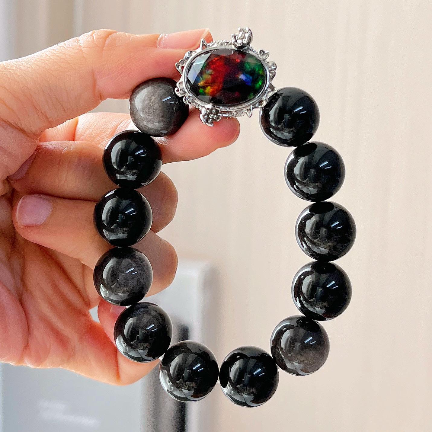 14Mm Natural Silver Obsidian Spotted Bracelet Bracelet