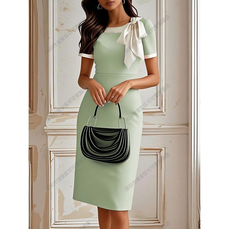 New women's clothing crew neck bow contrasting color slim dress splicing socialite party banquet dress