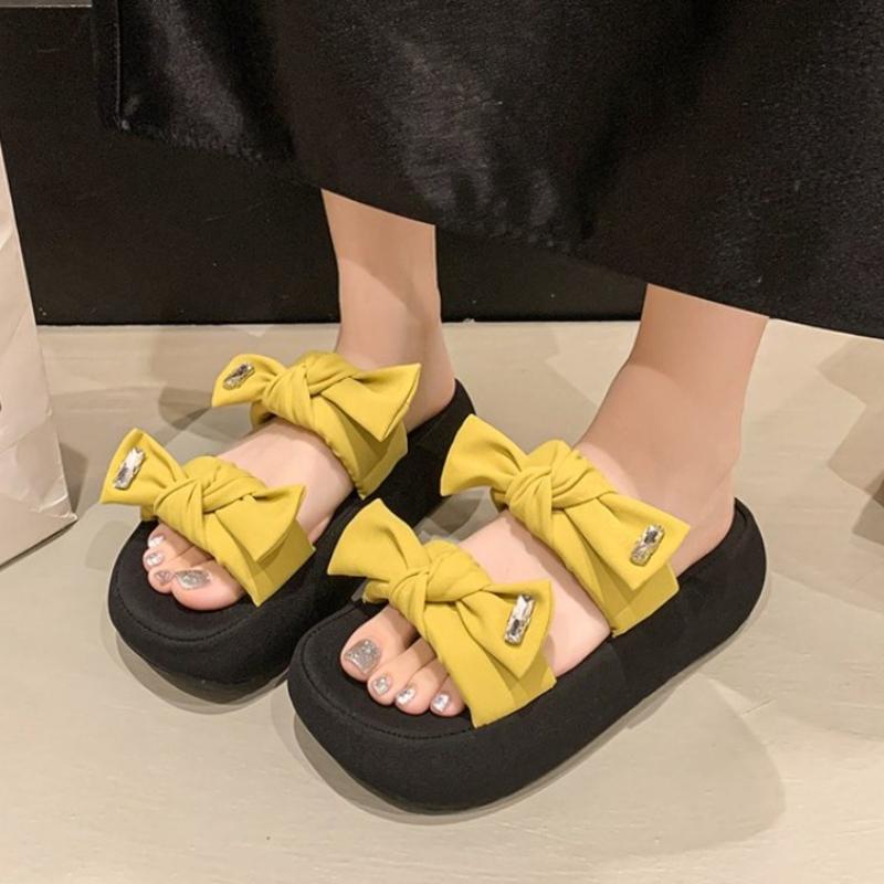 

Fashion Bow Women Flats Platform Slippers Casual Summer Shoes Fashion New Sandals 2025 Open Toe Woman Beach Flip Flops Walking Slides 35 жёлтый