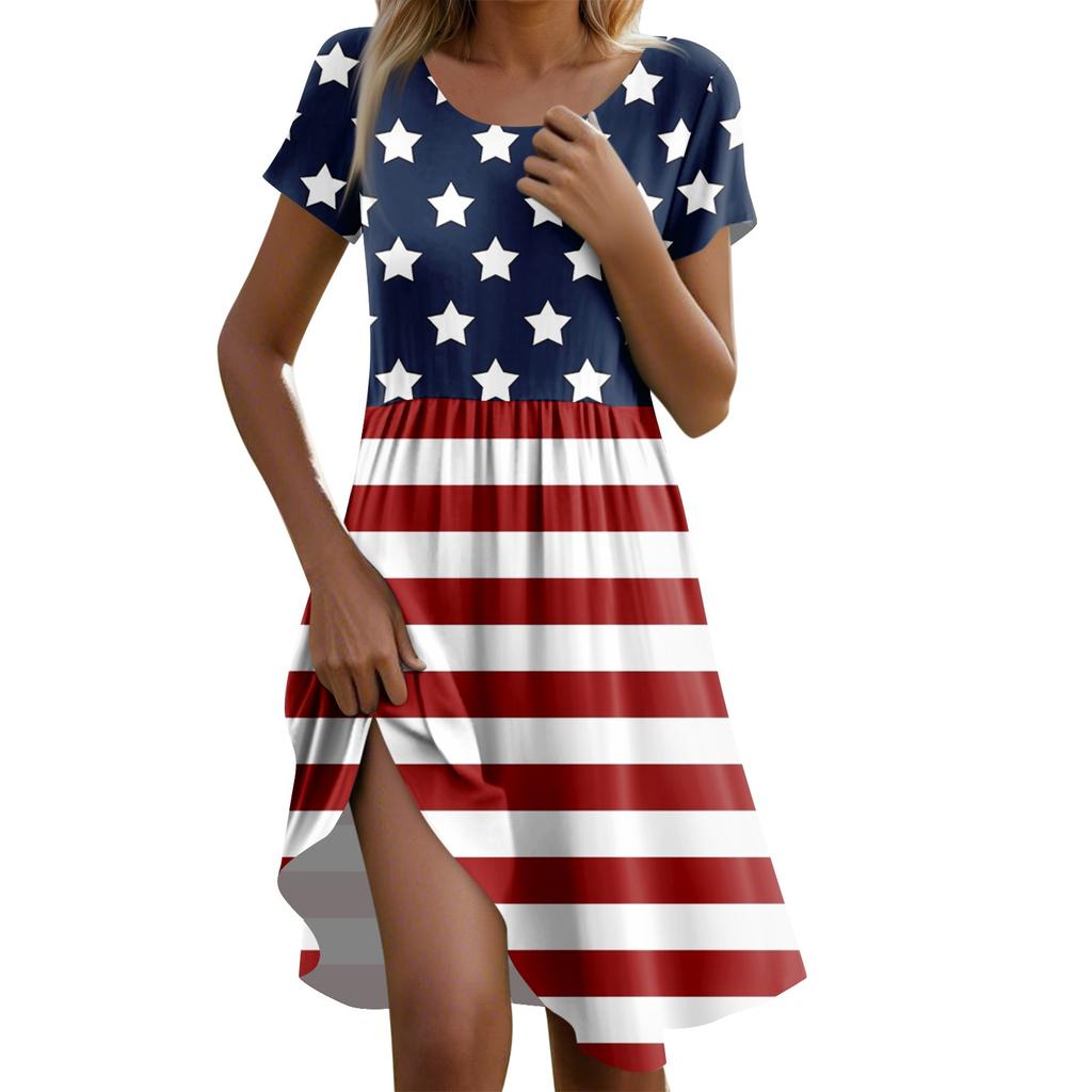Women's Casual Fashion Round Neck Short Sleeve Independence Day Printed Midi Dress