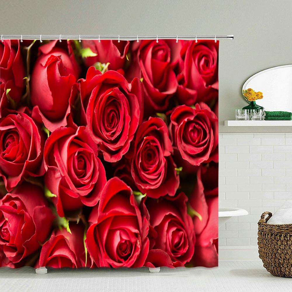 Love Red Rose Flowers Floral Shower Curtain Bathroom Curtains Waterproof Polyeste Fabric Bathtub Decor With Hooks 180X180cm