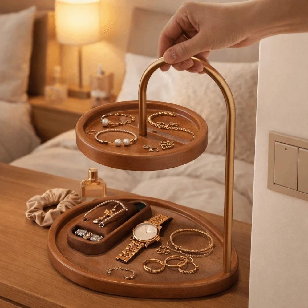 Wooden Double Layer Storage Tray Retro Jewelry Holder Jewelry Display Stand Key Rack Tray Decorative Necklace Display Stand