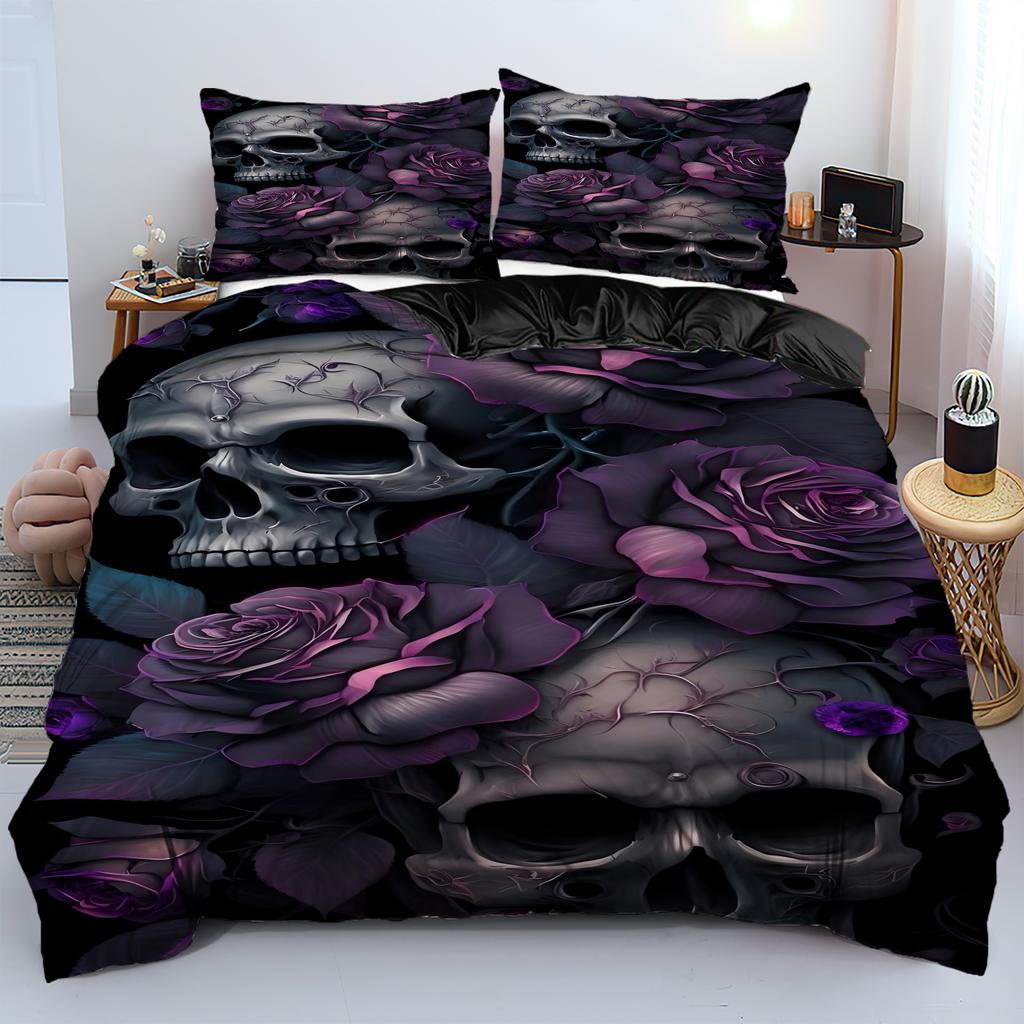 Purple Rose Skull 3D Print Duvet Cover Halloween Theme Bedding Set Soft Comfortable For Teens Adults Quilt Cover Pillowcase