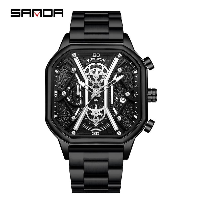 SANDA Trendy Men's Square Quartz Watch - Fashionable Multi-Function Calendar Wristwatch