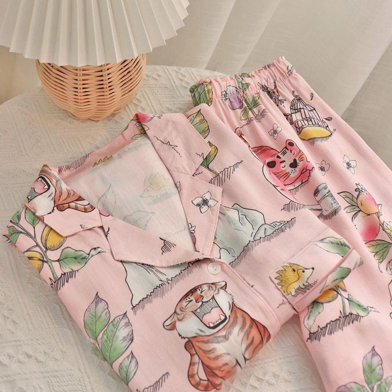 Silk Pajamas Women's Long Sleeve Cardigan Long Pants Pajamas Set Printed Kawaii Clothes Home Clothes