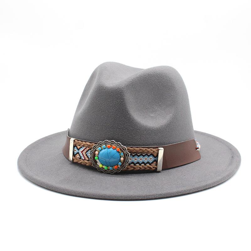 

Ethnic Style Flat-Brimmed Big-Eave Hat Straight-Brimmed Jazz Hat Woolen Top Hat L（58-60cm） світло-сірого кольору
